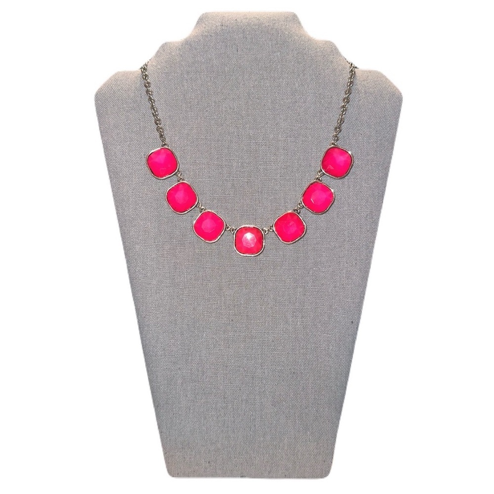 Elegant Bright Pink cushion cut Square rhinestone necklace with a silver chain